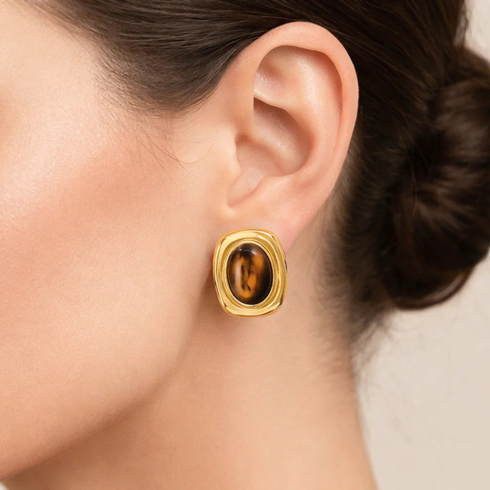 Tiger Eye Bezel Earrings