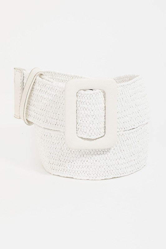 Wide Straw Braided Belt - White