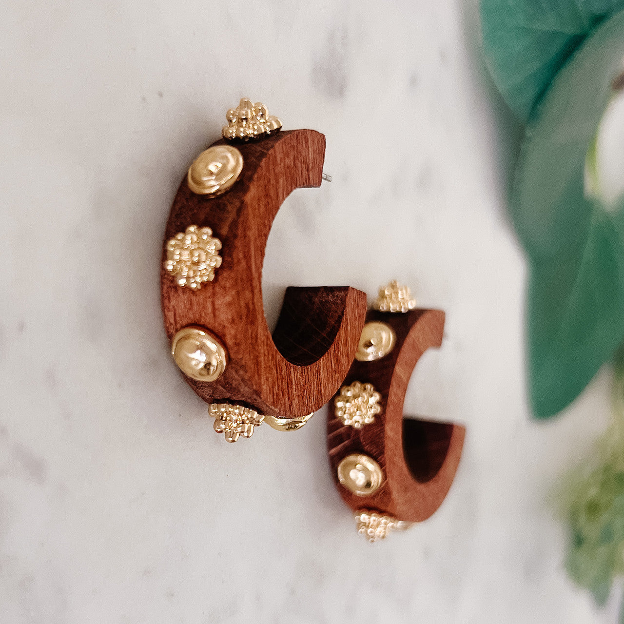 Wood Gold Stud Hoops