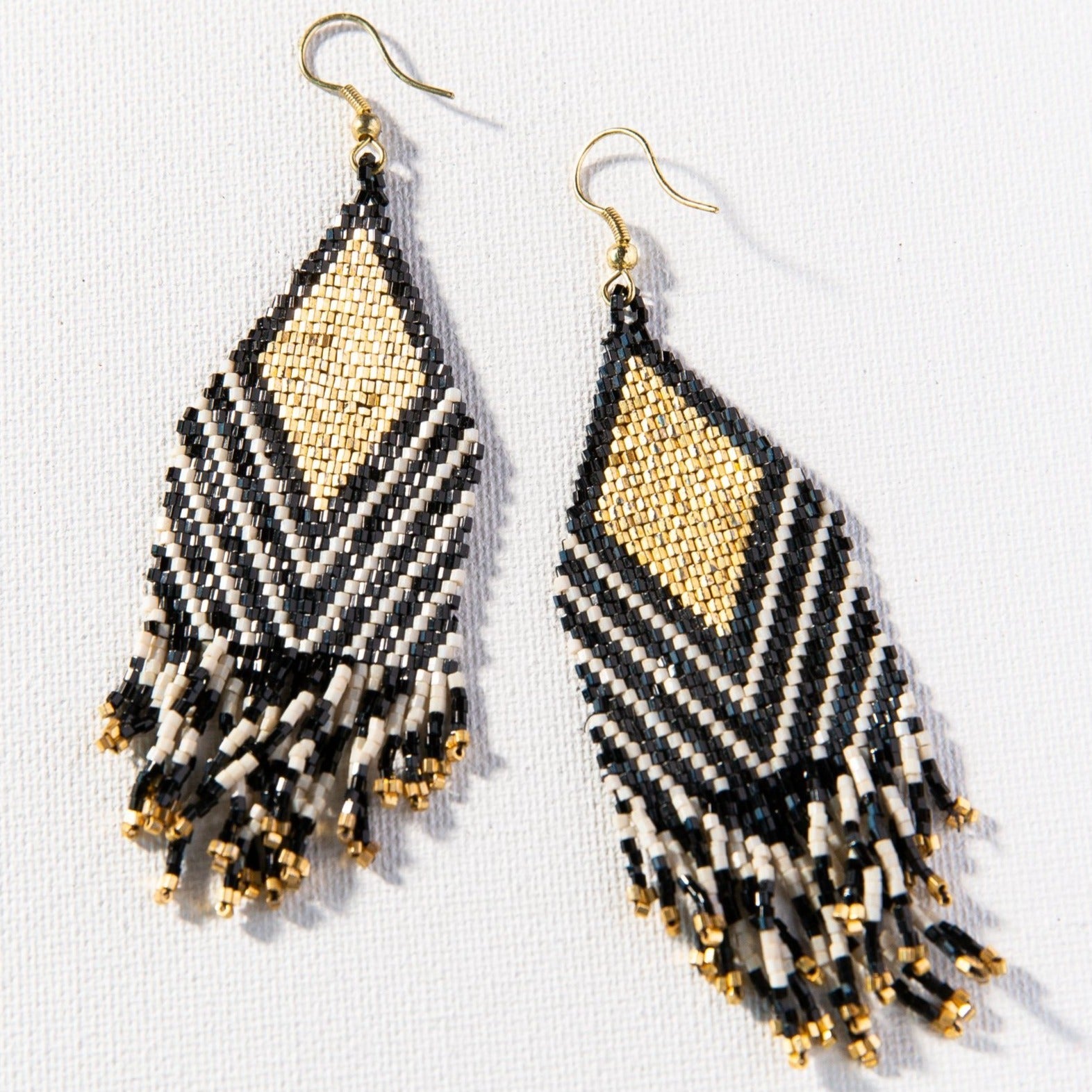 Black Stripe Luxe Fringe Seed Bead Earrings