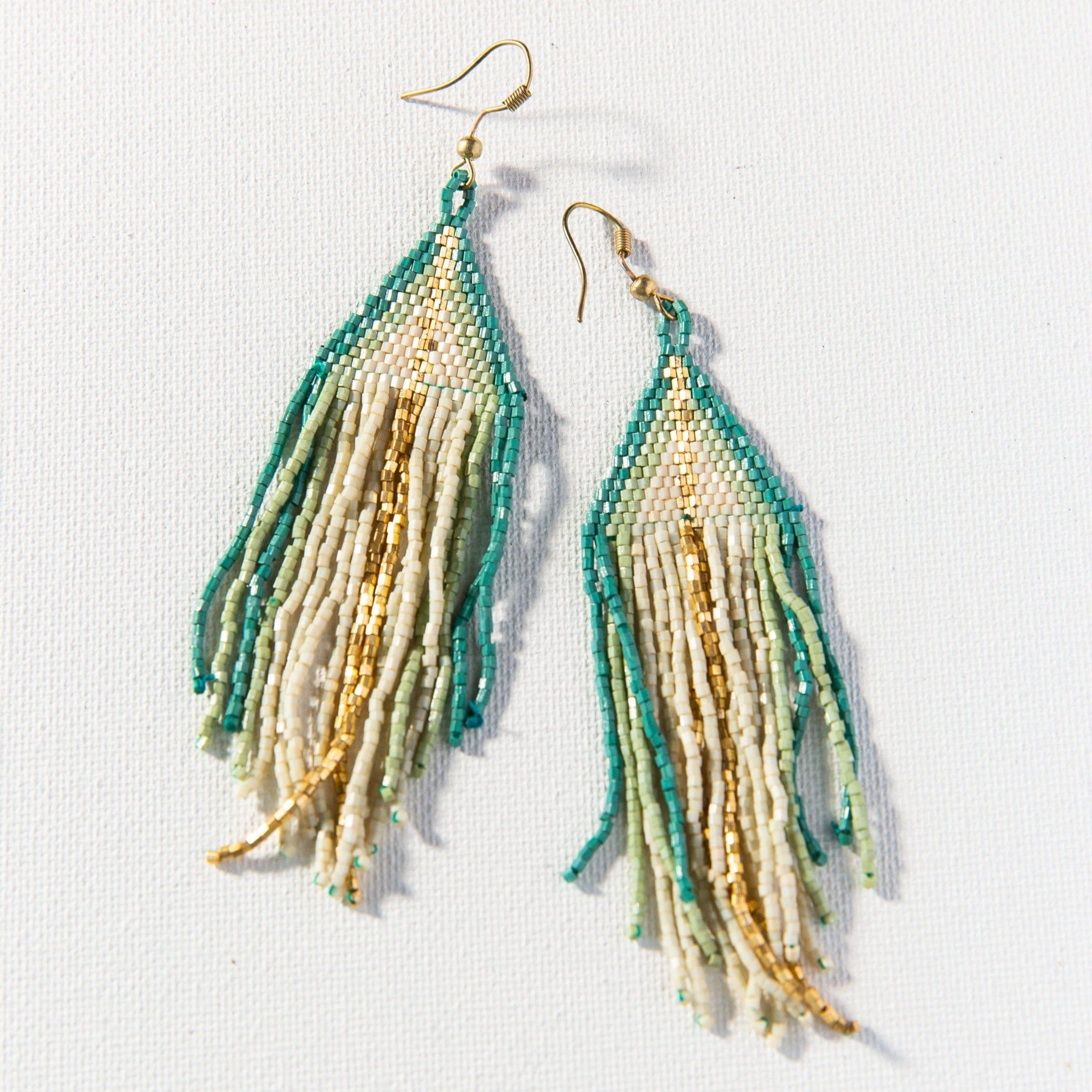 Ivory Teal Ombre Luxe Fringe Seed Bead Earrings