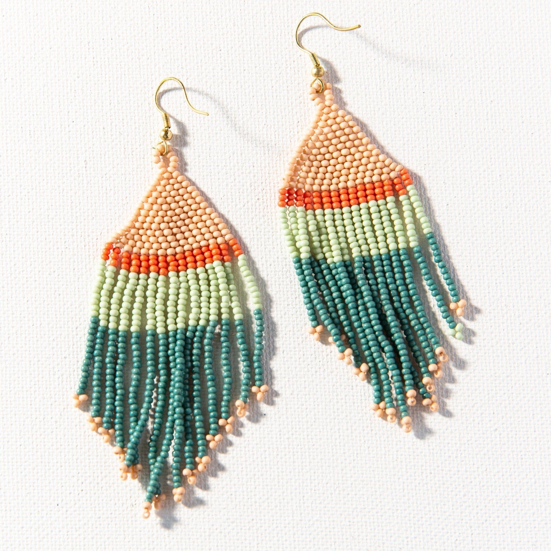 Teal Mint Coral Stripe Fringe Seed Bead Earrings