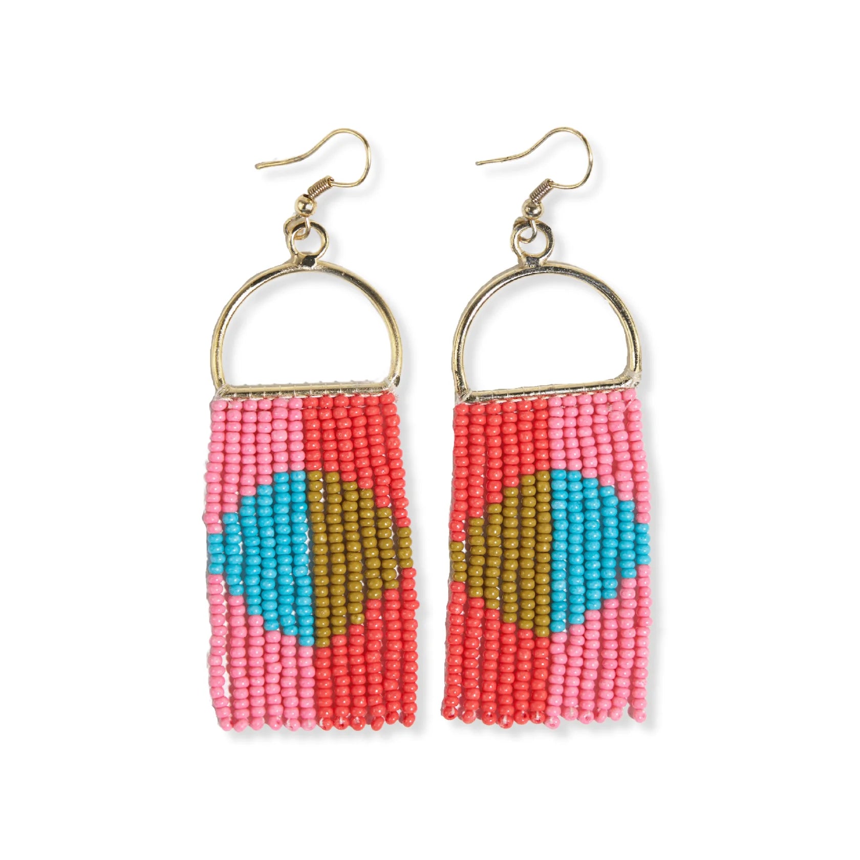 Coral Circle Arch Fringe Seed Bead Earrings
