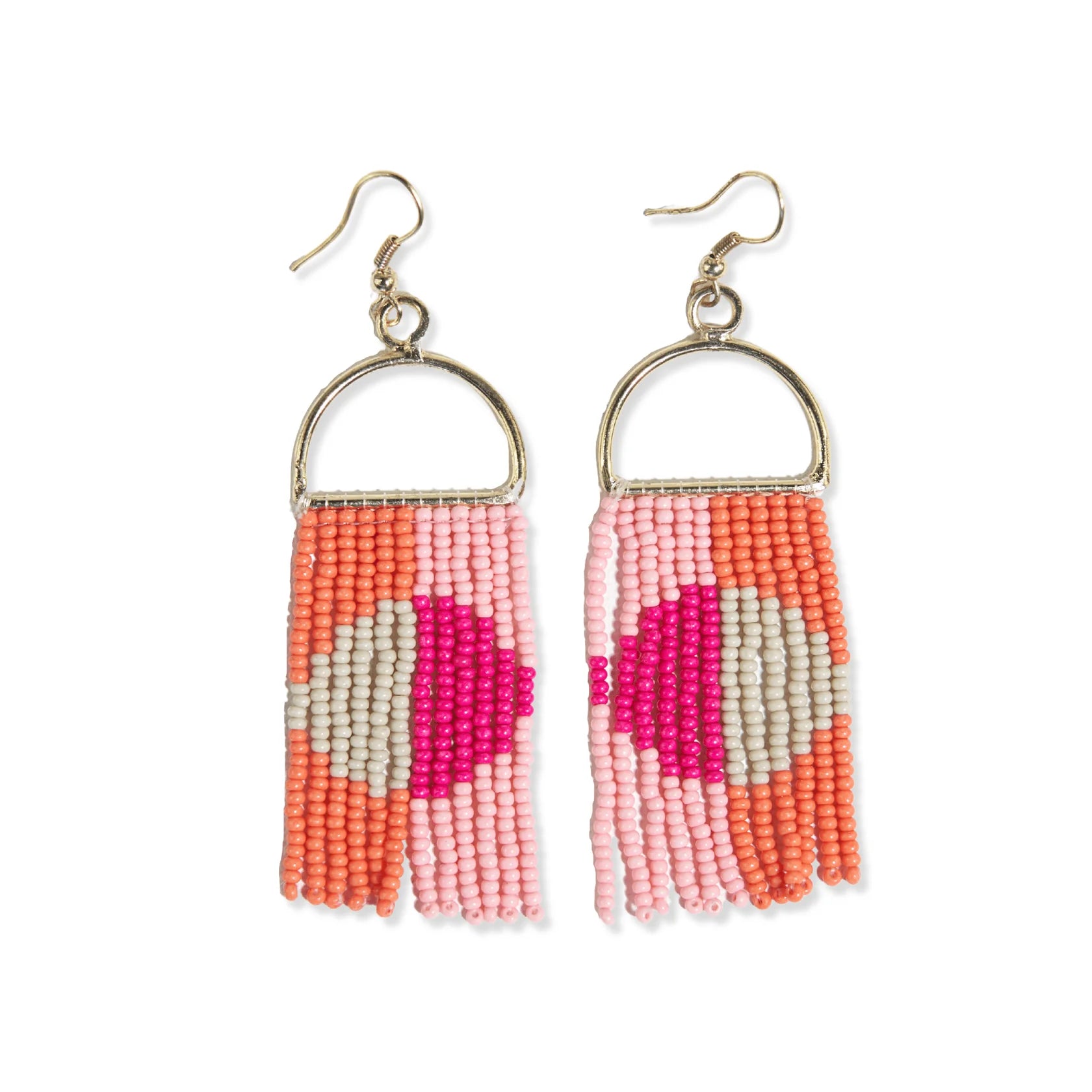 Hot Pink Circle Arch Fringe Seed Bead Earrings