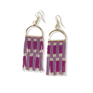 Lilac Check Stripe Arch Fringe Seed Bead Earrings