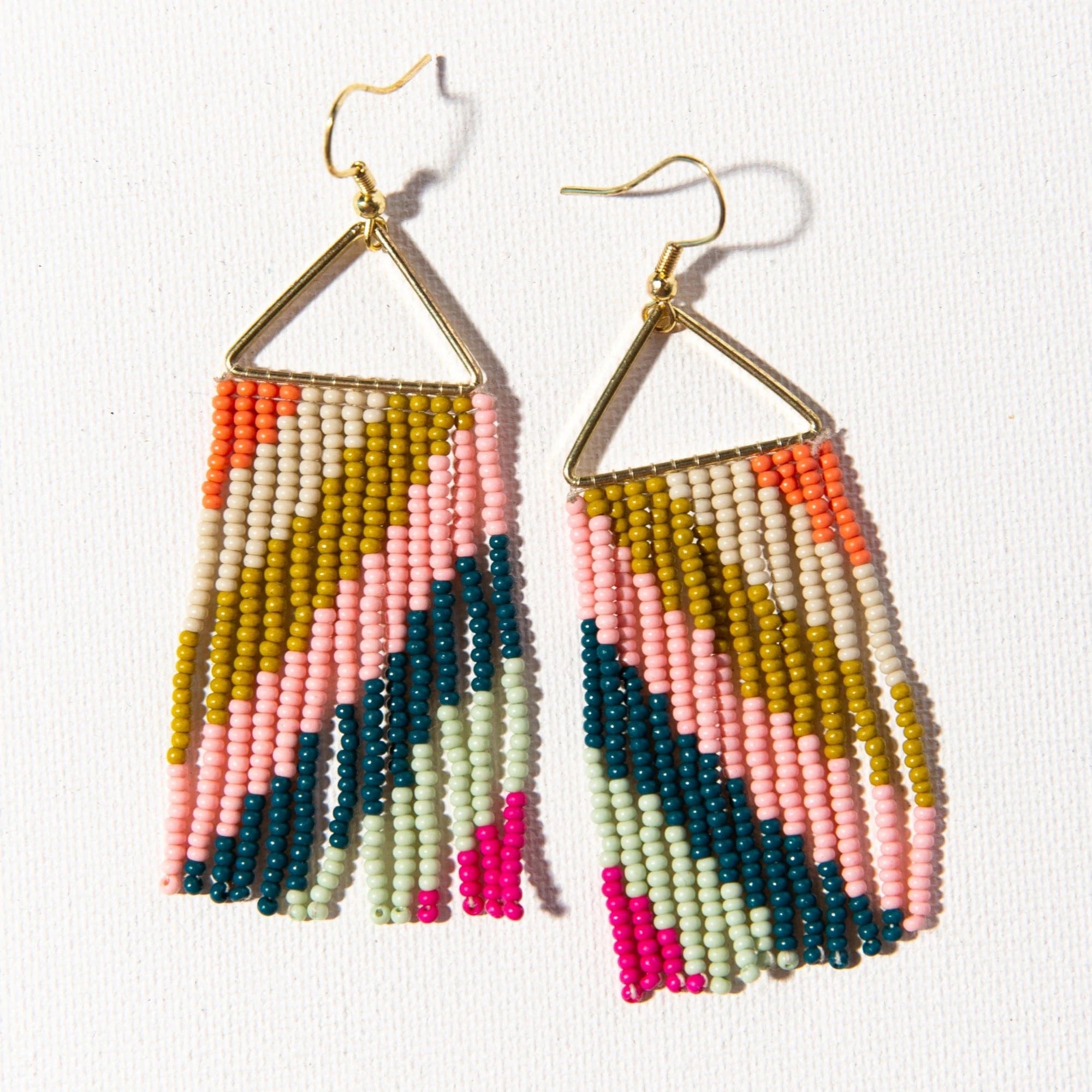 Pink Diagonal Stripe on Triangle Seed Bead Earrings